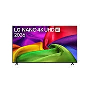 LG 85 collu LG NANO 4K UHD AI NU80 viedtelevizors 2026, 2026.&nbsp;gadā izlaistā LG NANO 4K UHD AI NU80 priekšpuses skats, ekrānā attēlojot spilgti krāsainas, audumam līdzīgas tekstūras un piedāvājot Nano Detail Enhancer, alpha 7 AI procesoru 4K Gen9, HDR10 Pro, 85NU800B3LA, thumbnail 1